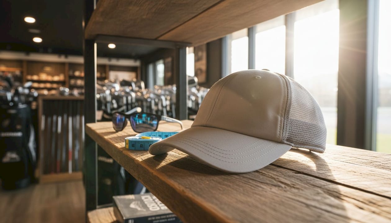 Polyester golf hat with mesh panels indoors