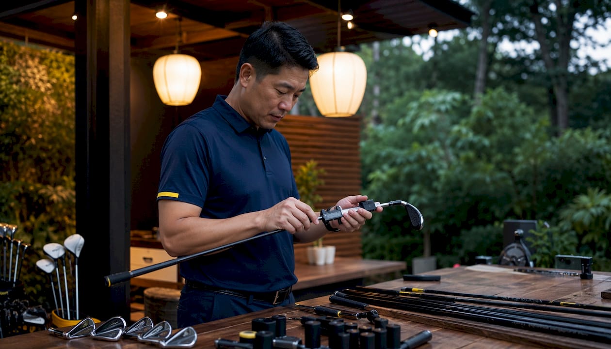 Golf pro inspecting club dimensions