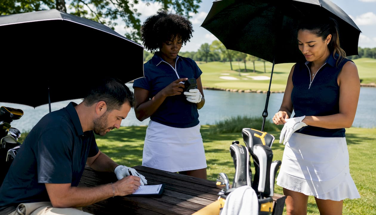 Golfers with permissible round equipment outdoors