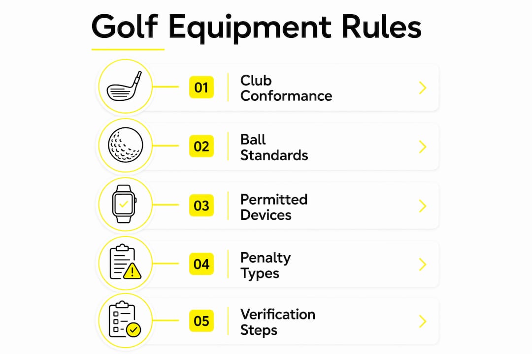 Infographic showing golf equipment rules overview steps