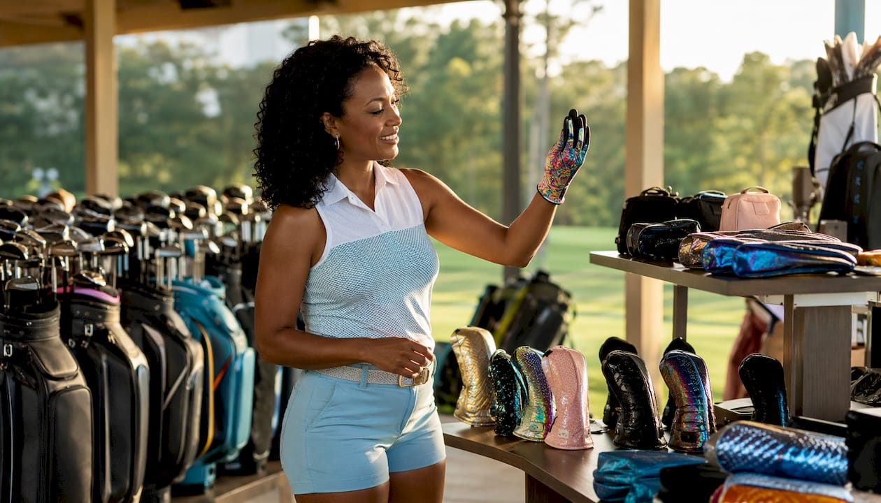 Golfer selecting golf accessories indoors