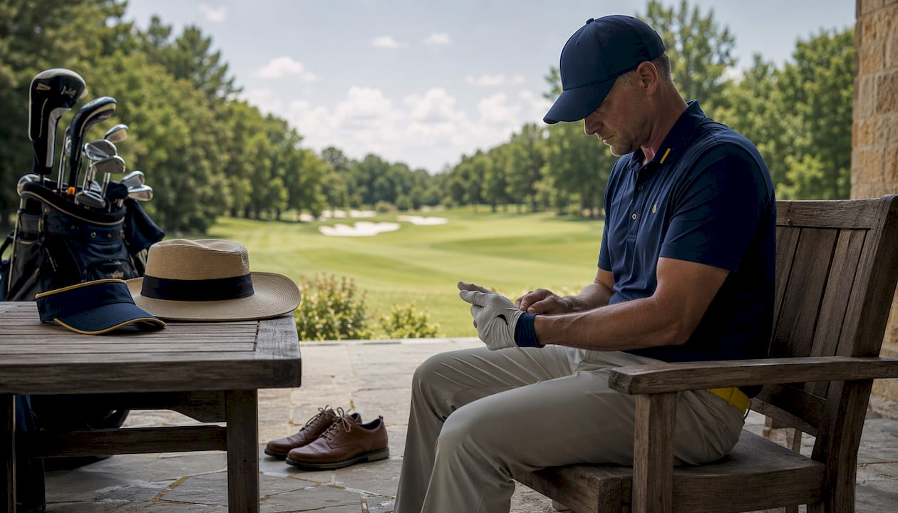 Golfer with baseball cap near golf accessories