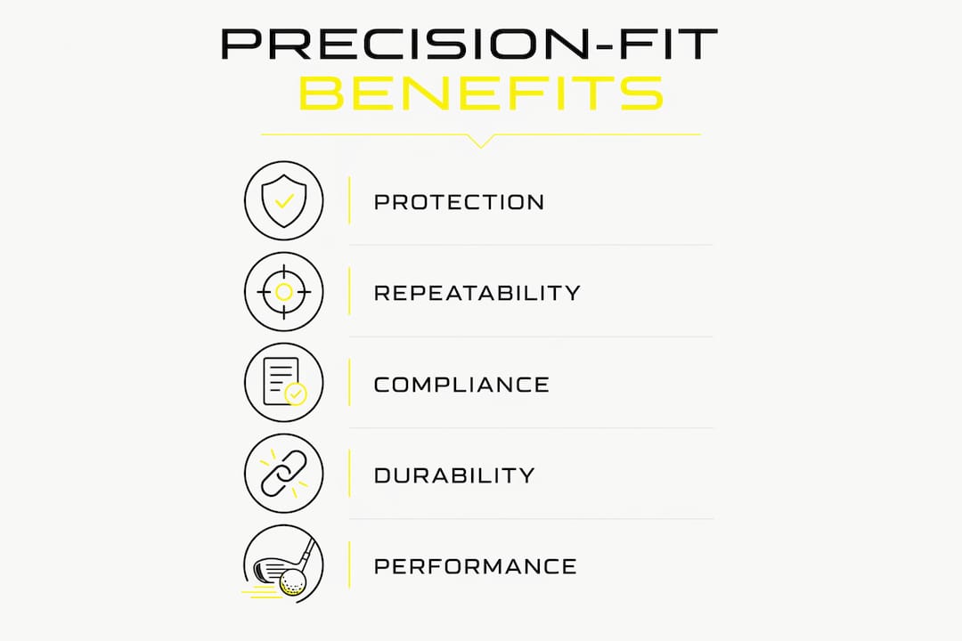 Infographic showing precision-fit golf accessories key benefits