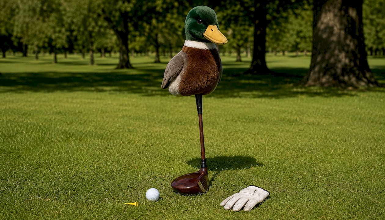 Plush mallard duck headcover on golf driver