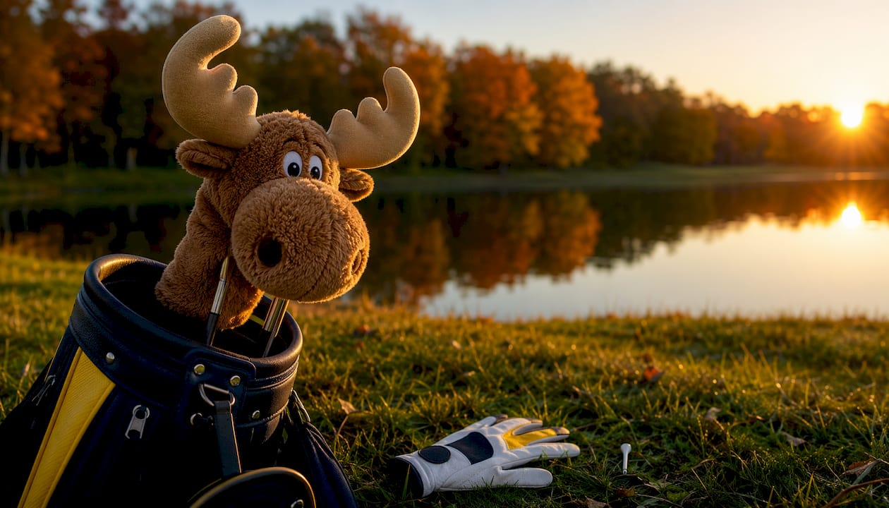 Plush moose driver headcover on golf course