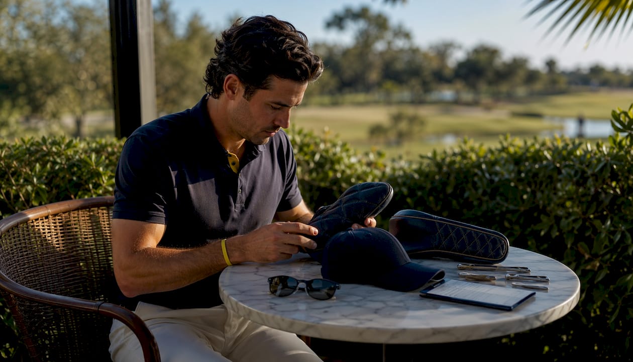 Golfer inspecting premium golf gear outdoors