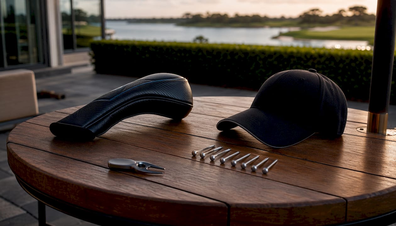 Golf accessories arranged by color on table outdoors