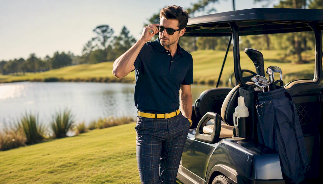 Man dressed for charity golf event outdoors
