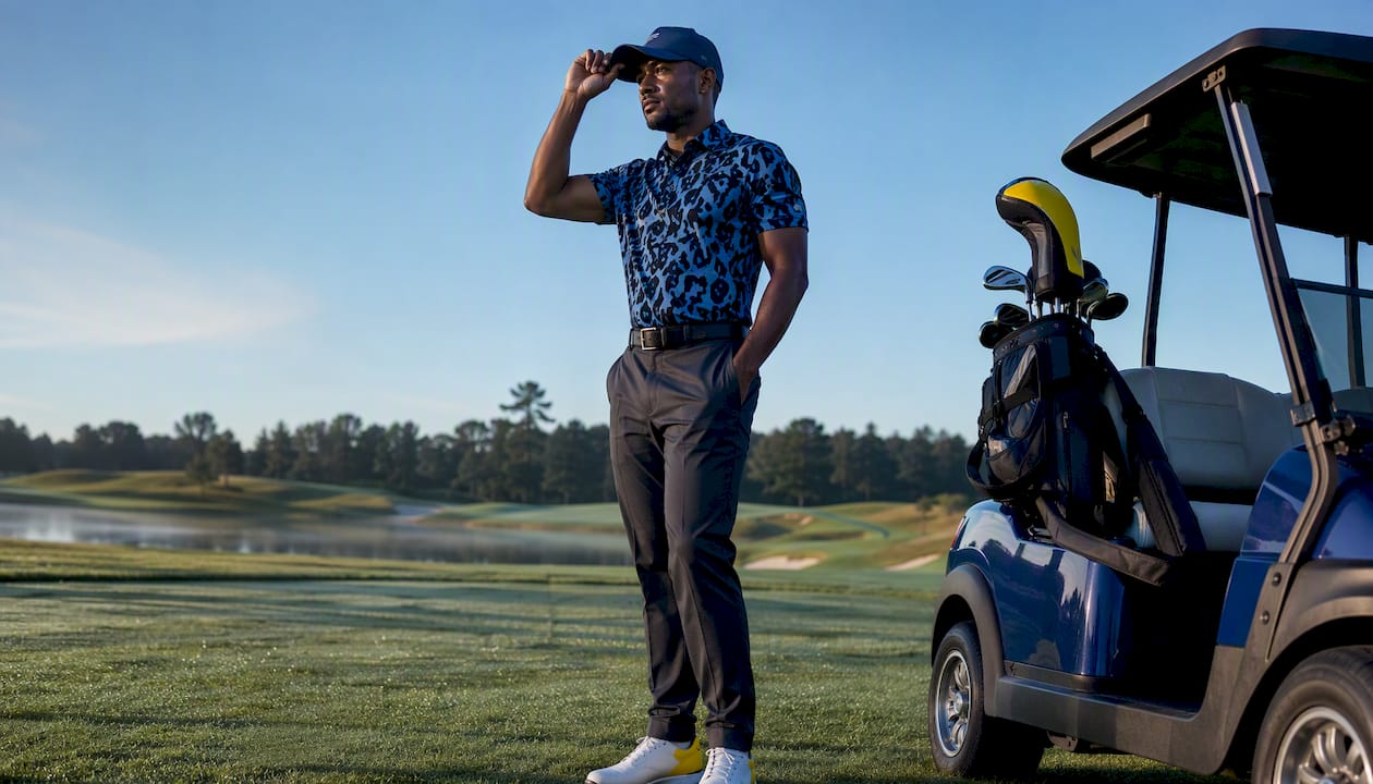 Golfer adjusting cap on sunny course