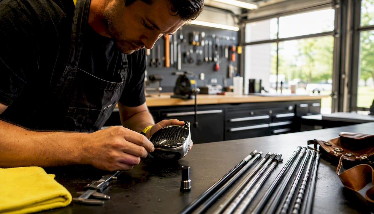 Close-up of titanium driver with carbon crown in workshop