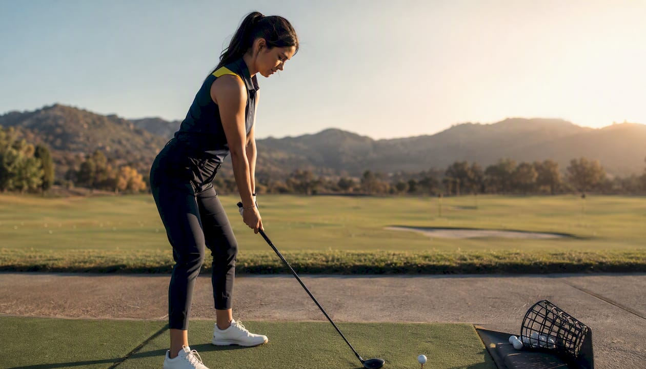 Woman golfer wearing crossover golf apparel on course