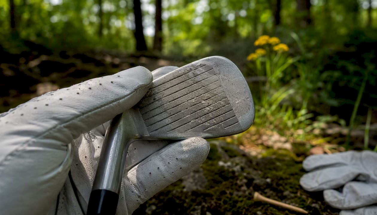 Close-up of worn golf club grooves