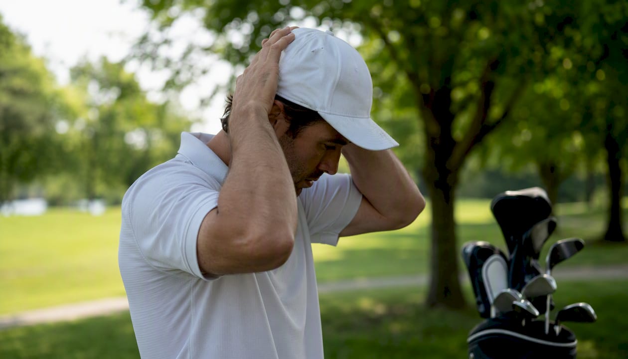 Golfer reshaping damp golf hat by wearing it lightly