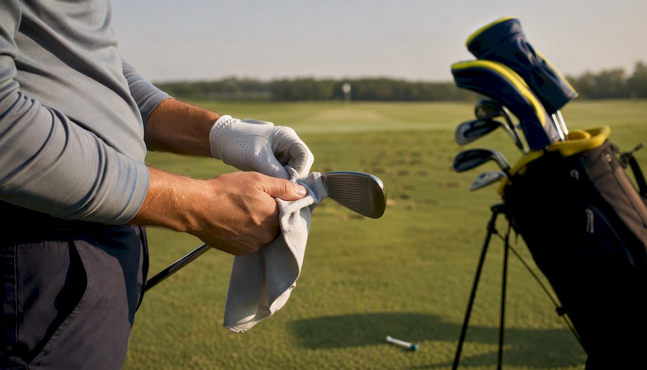 Hands inspecting golf club heads for damage