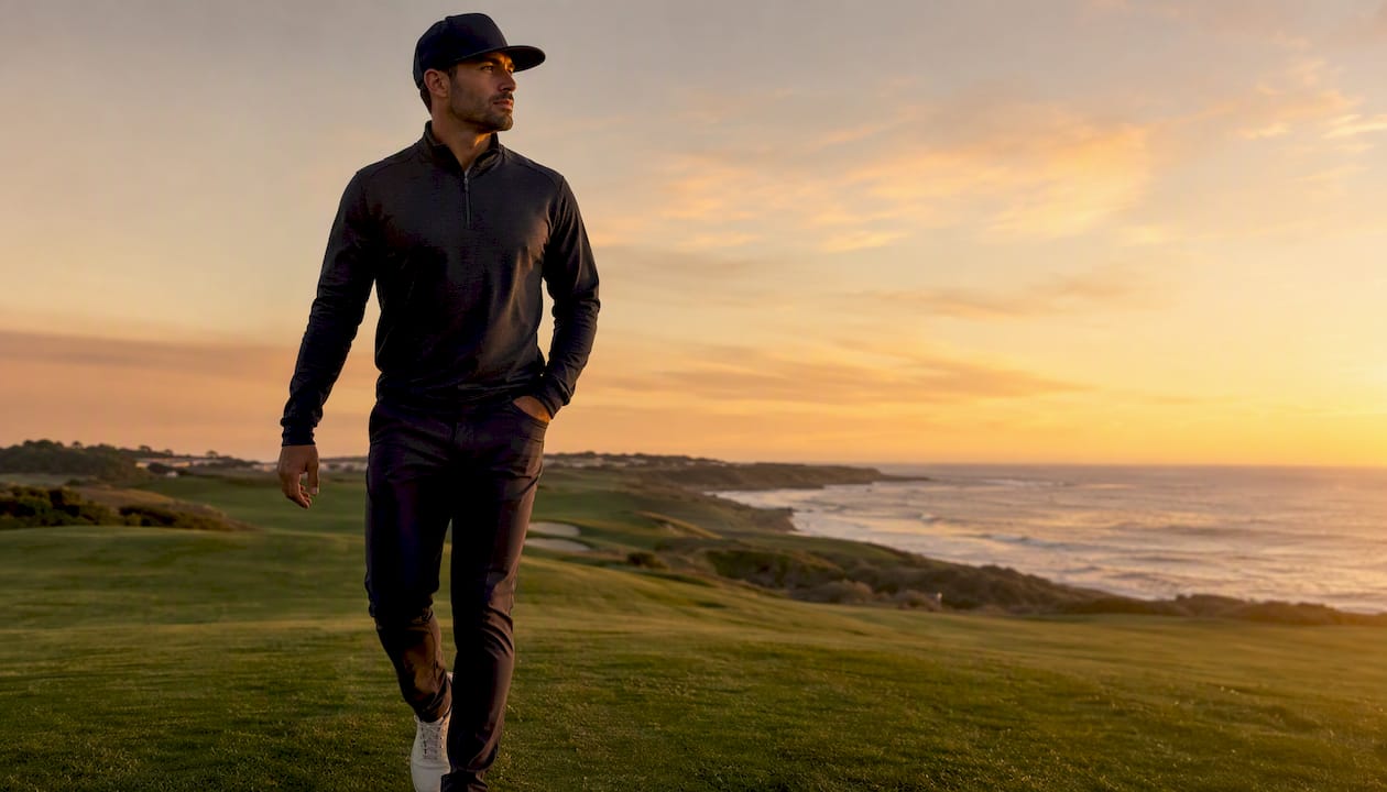 Golfer wearing flat-brim cap on fairway