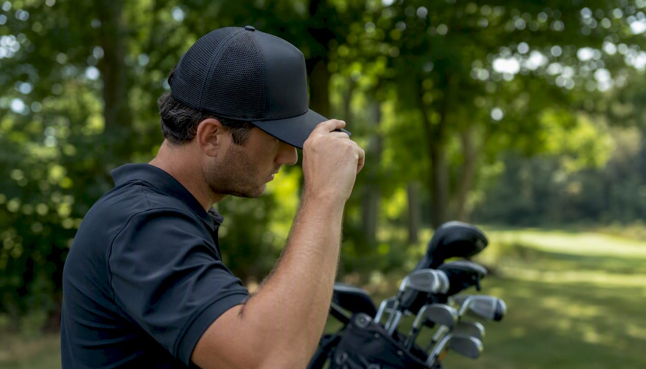 Golfer adjusting flat-brim cap on course