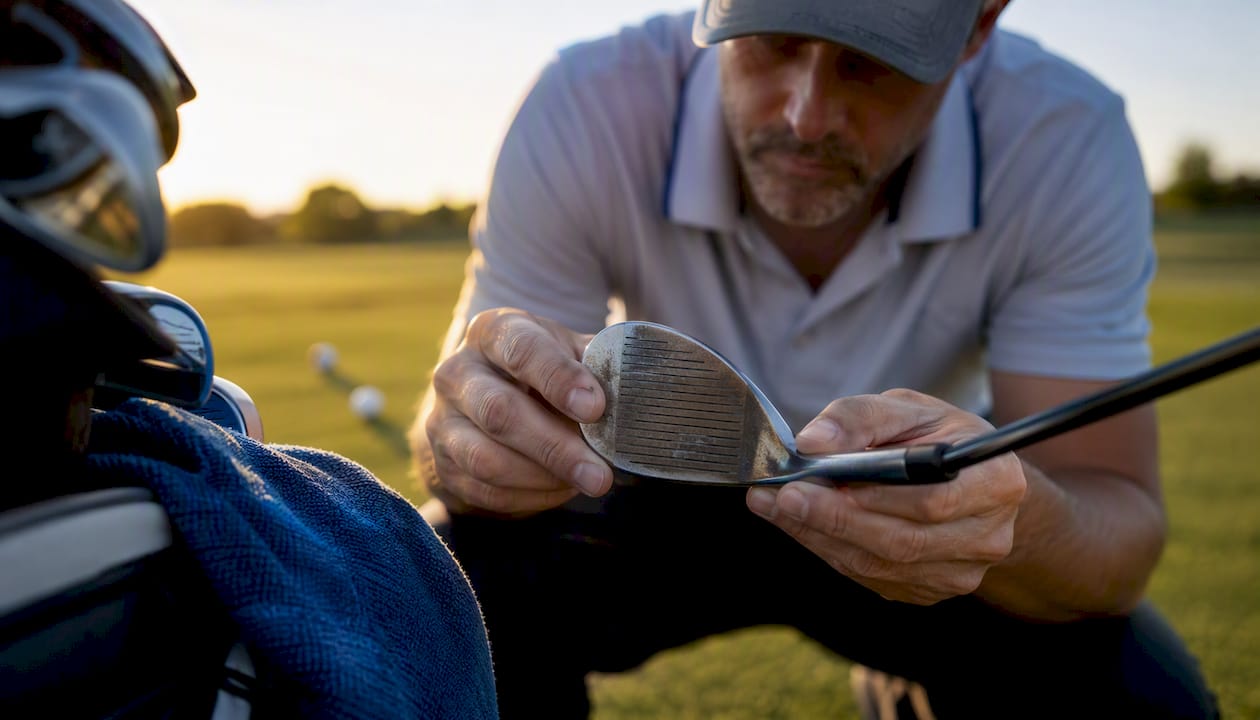 Close-up of golfer inspecting golf club face