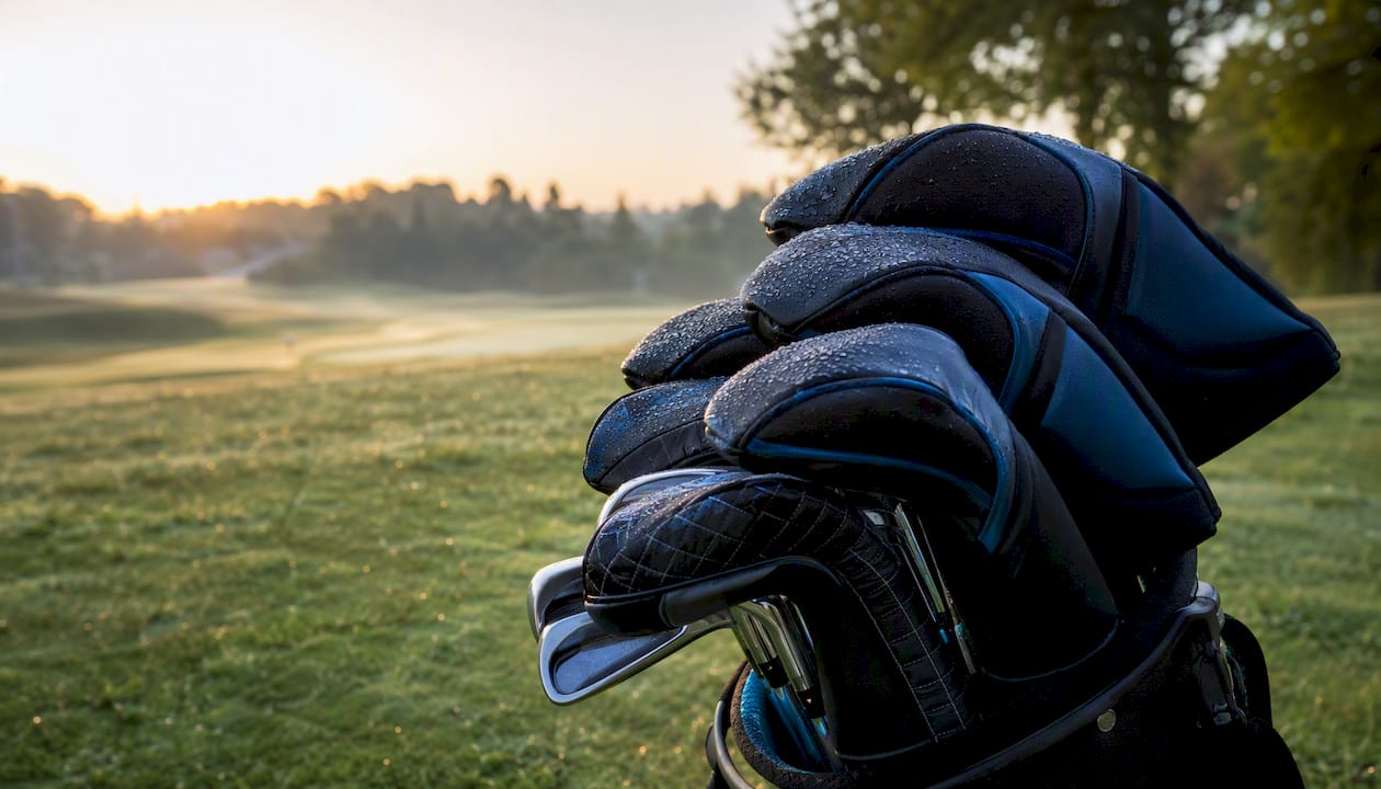 Close-up of golf clubs with protective headcovers in bag