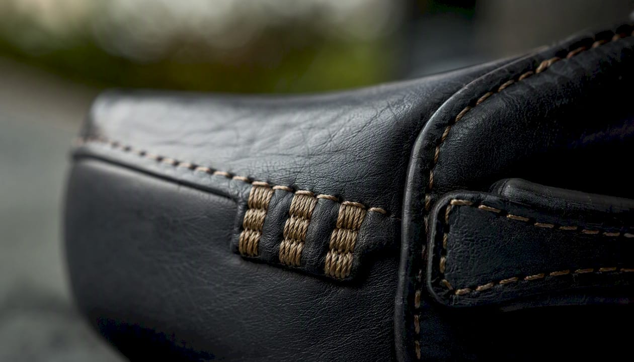 Close-up bartack and saddle stitching on golf accessories