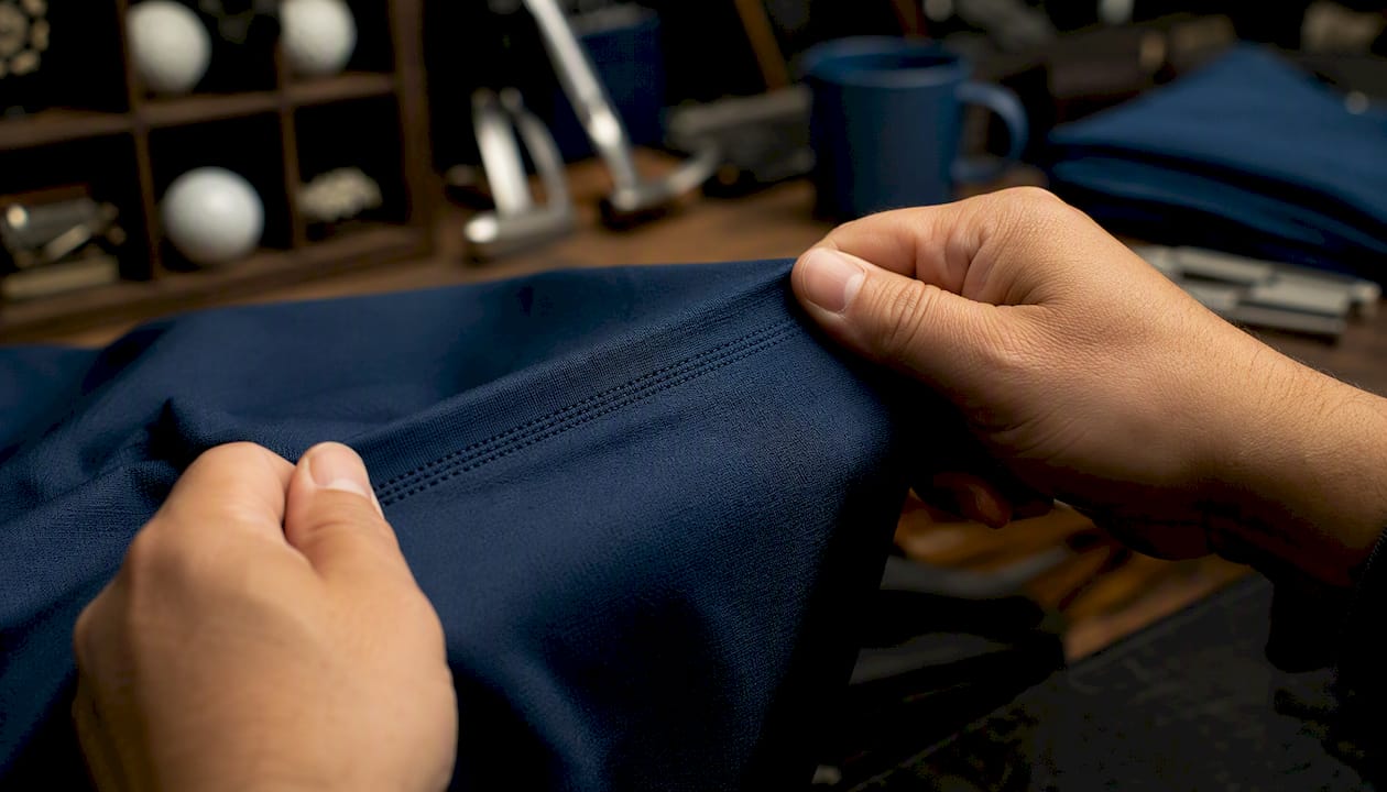 Hands stretching golf polo shirt seam
