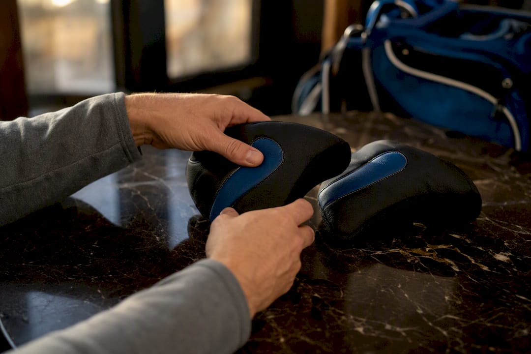 Hands inspecting neoprene and synthetic leather headcovers close-up