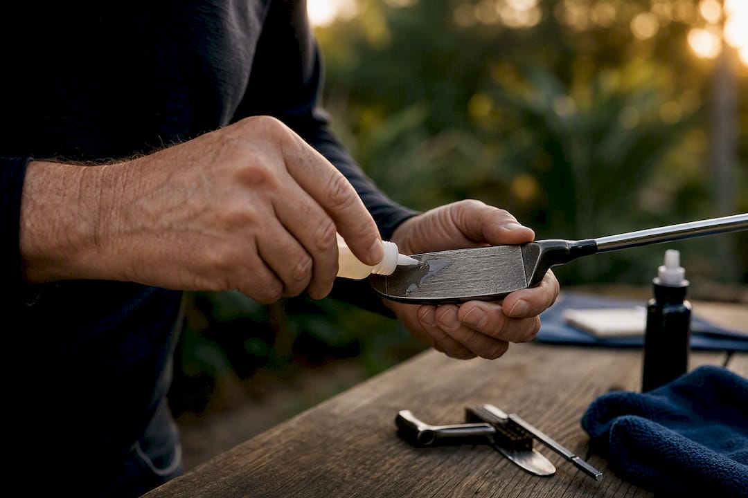Hands oiling raw steel putter face