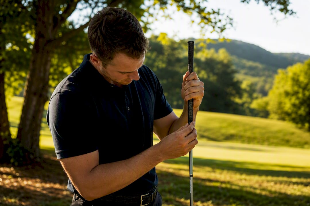 Golfer inspecting club grip indoors