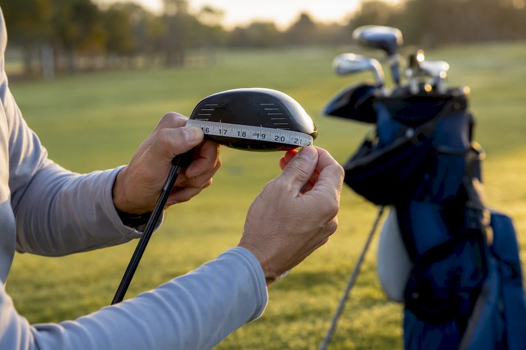 Golfer measuring driver head outdoors