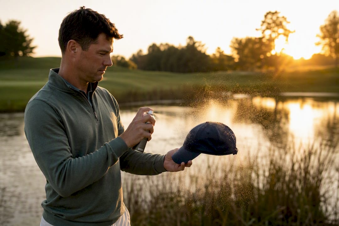 Hands spraying protectant on golf hat outdoors