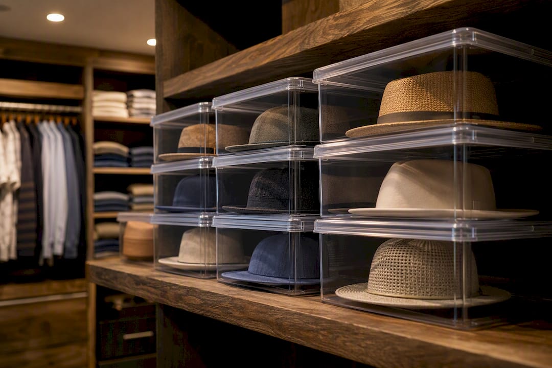 Stacked clear hat storage boxes in closet