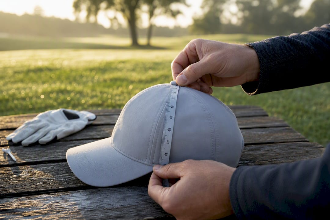 Hands measuring golf hat crown height