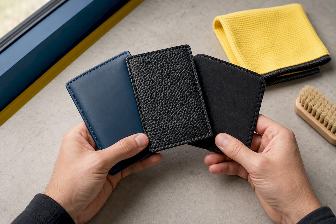 Hands comparing PU leather and neoprene materials