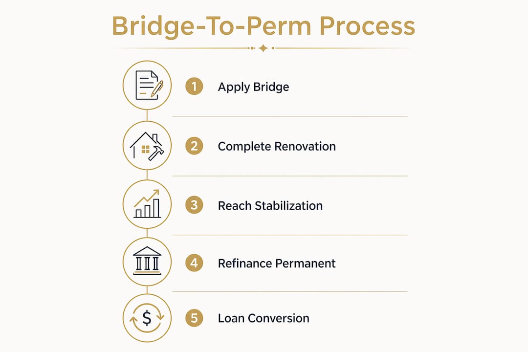 Infographic illustrating bridge-to-permanent financing steps