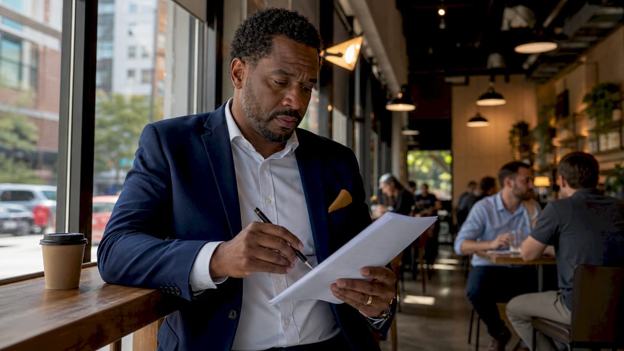 Investor reviewing bridge loan documents in office