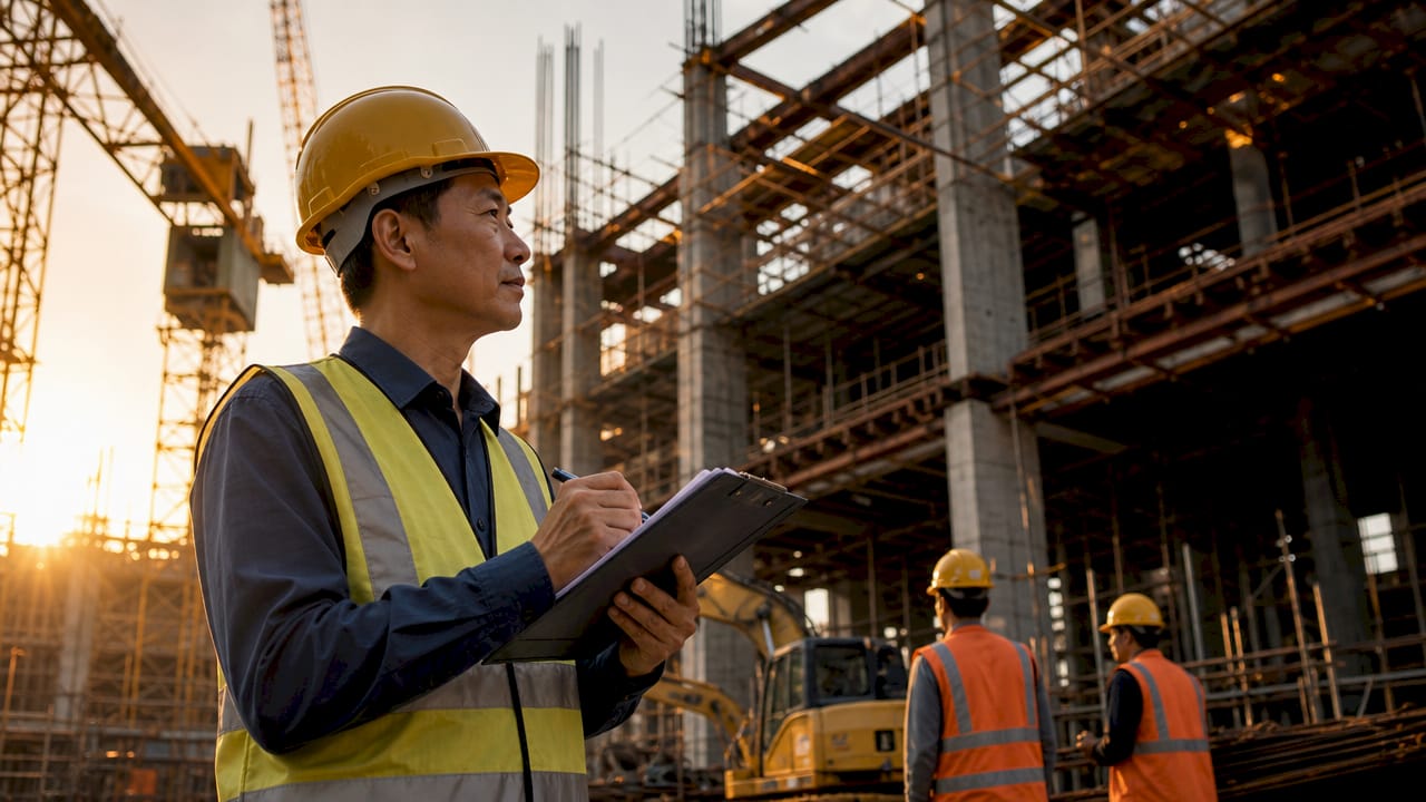 Surveyor inspecting construction site progress