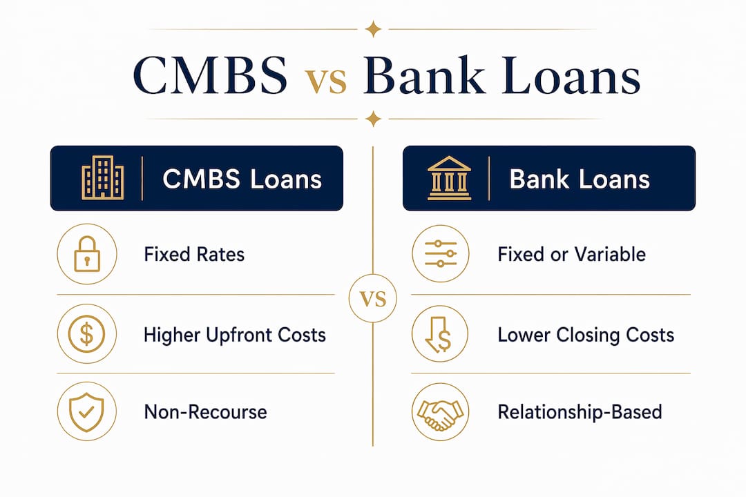 Infographic comparing CMBS loans and bank loans features