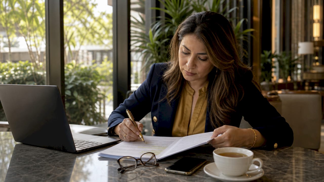 Developer reviewing bridge loan paperwork in office