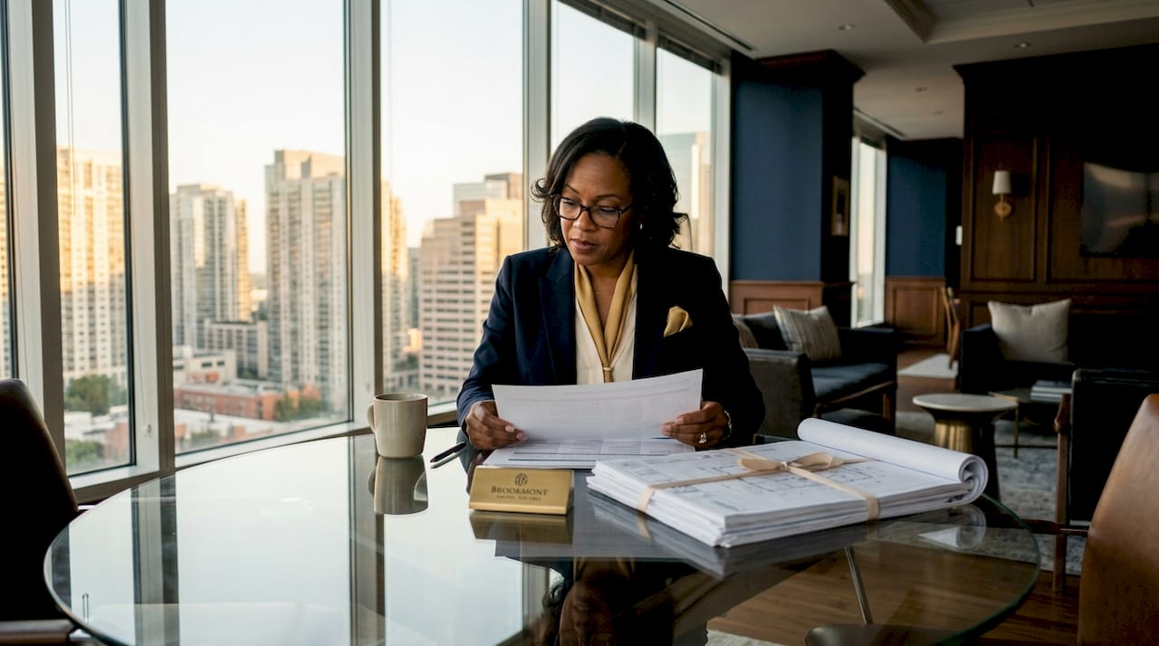 Loan officer reviewing construction loan paperwork