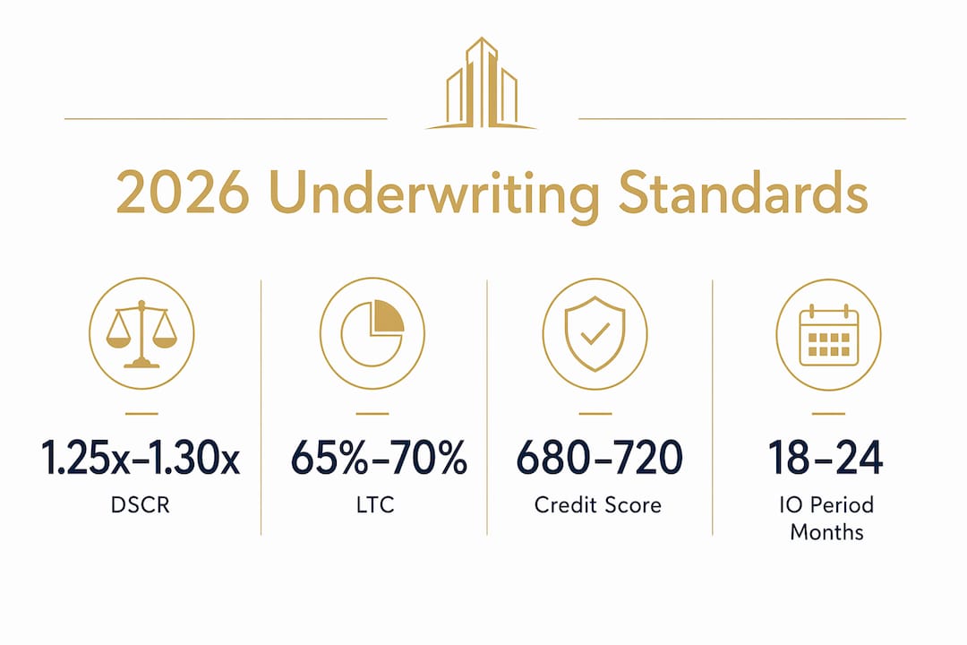 Infographic showing key 2026 loan underwriting metrics