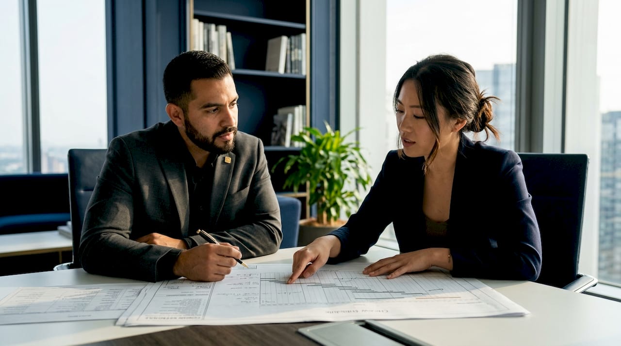 Developers reviewing construction draw schedule