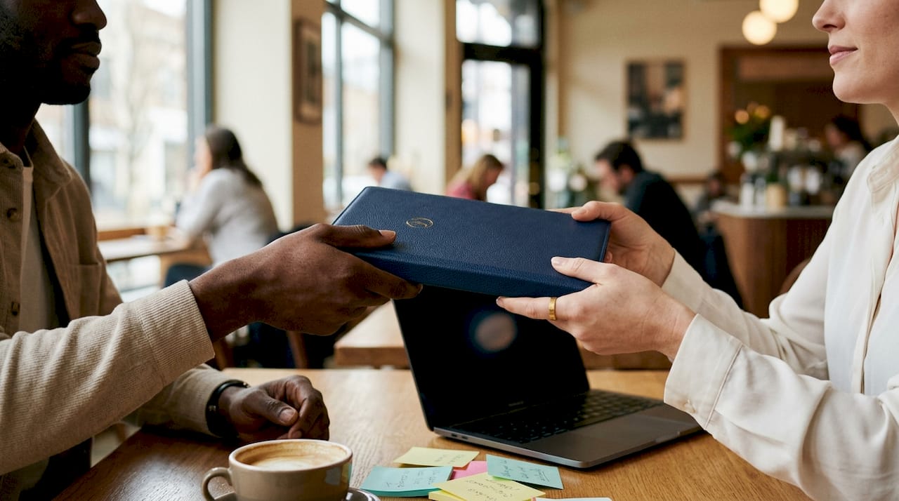 Hands exchanging due diligence binder