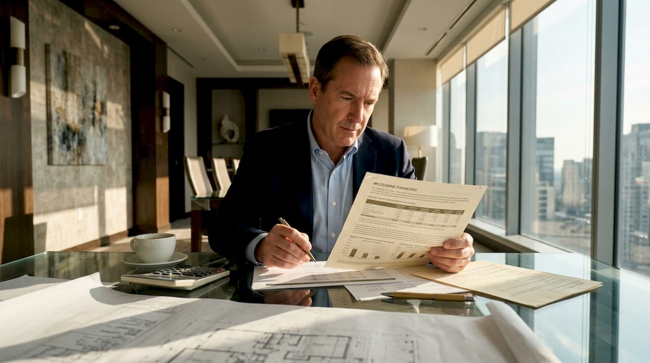 Real estate developer reviewing mezzanine financing documents