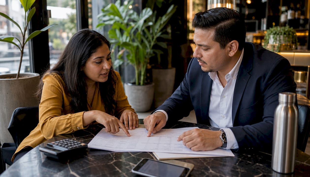 Hands discussing bridge loan financial table