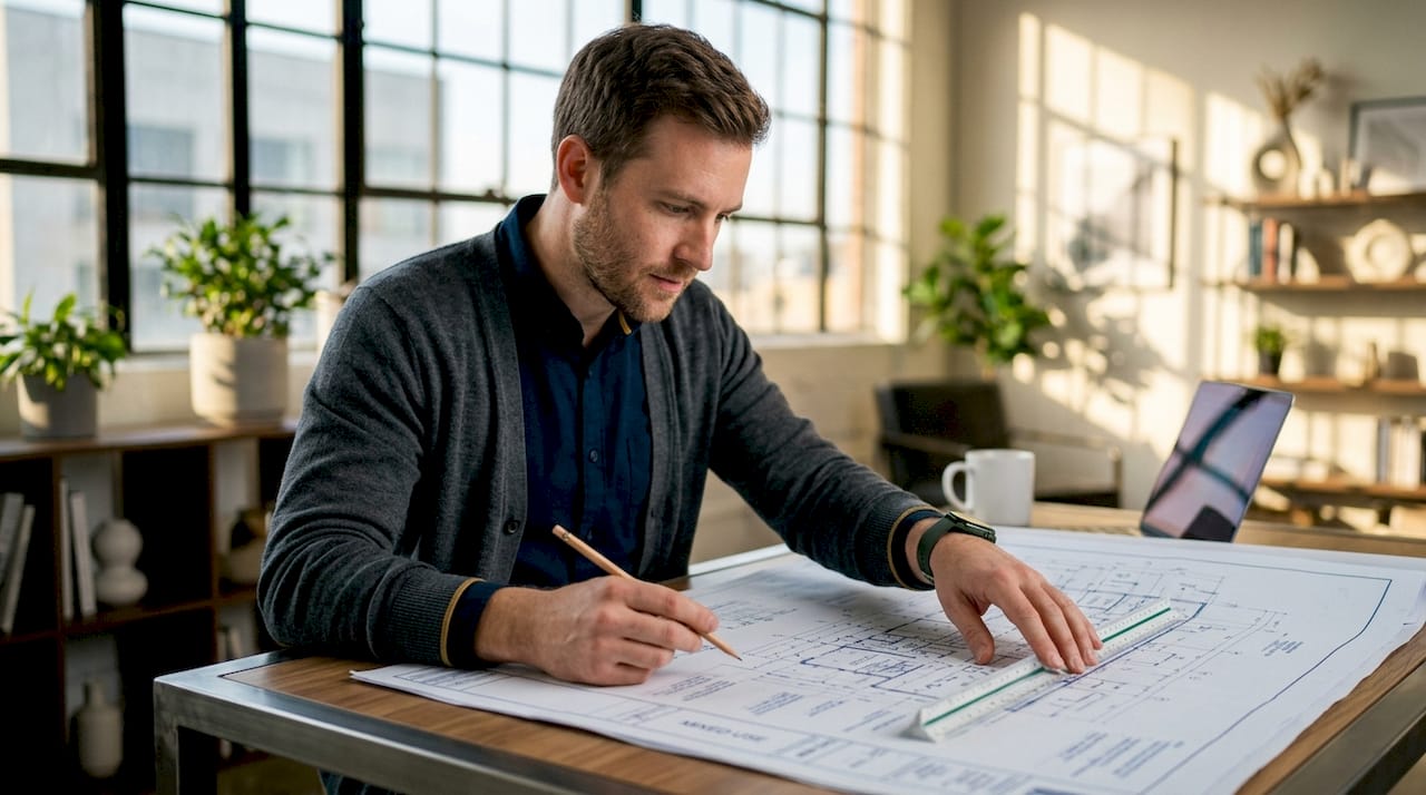 Developer’s hands over mixed-use blueprints