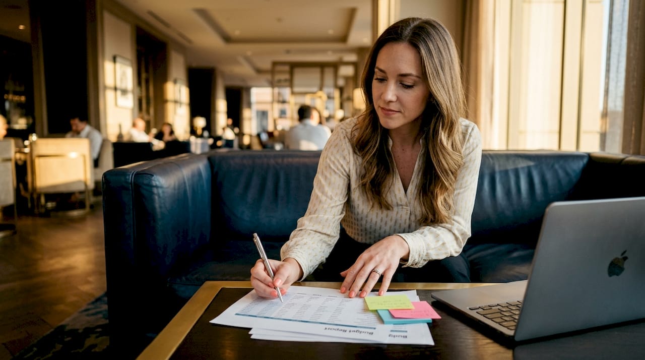 Hands annotating budget report overhead