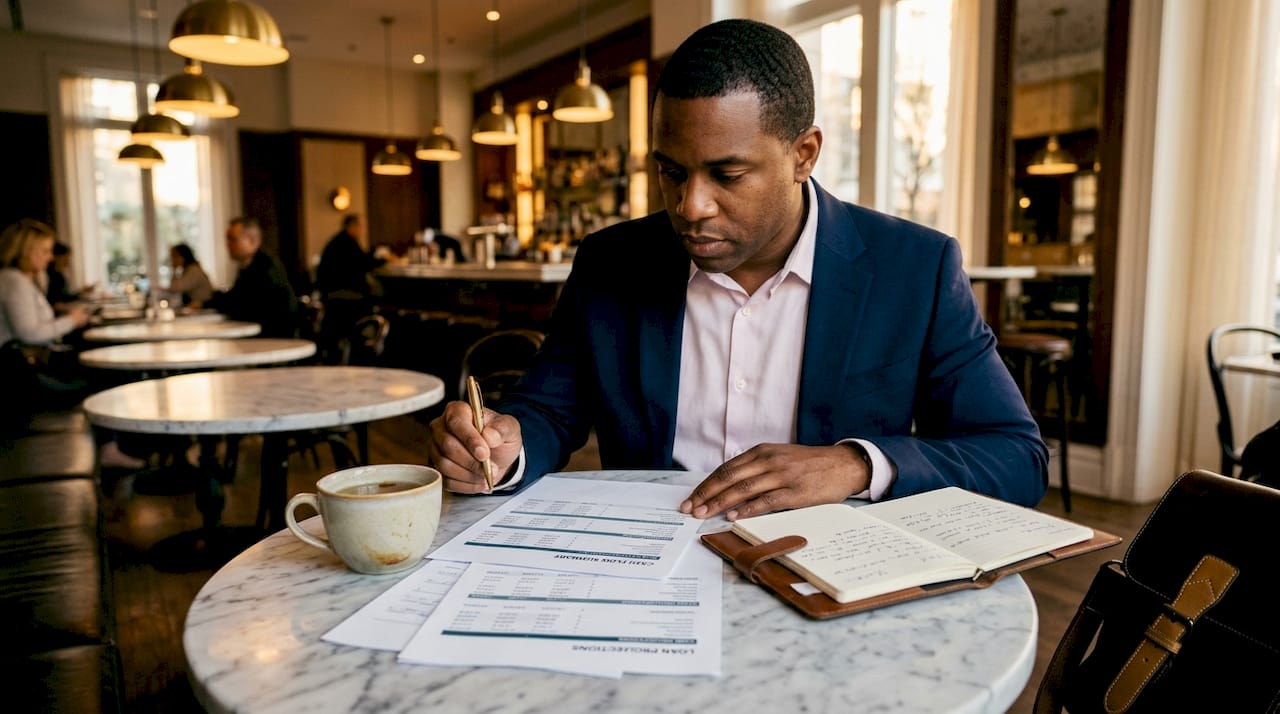 Investor analyzing DSCR loan documents at business lounge