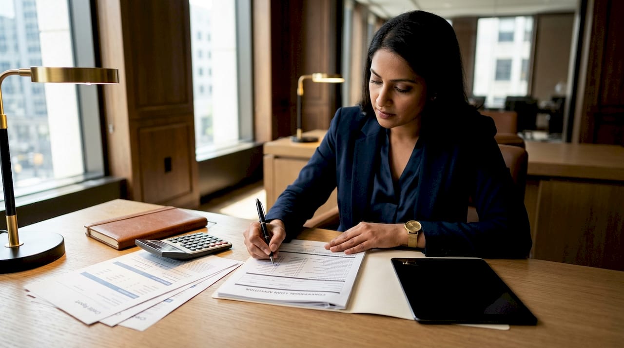 Hands reviewing conventional loan application paperwork