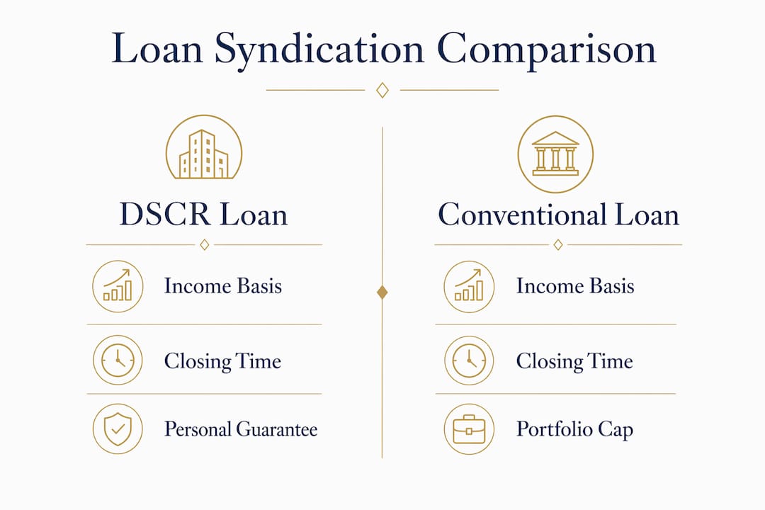 Infographic comparing DSCR and conventional loan syndication