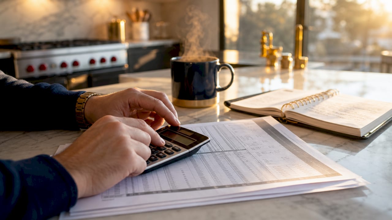 Close-up hands calculating DSCR ratio with documents