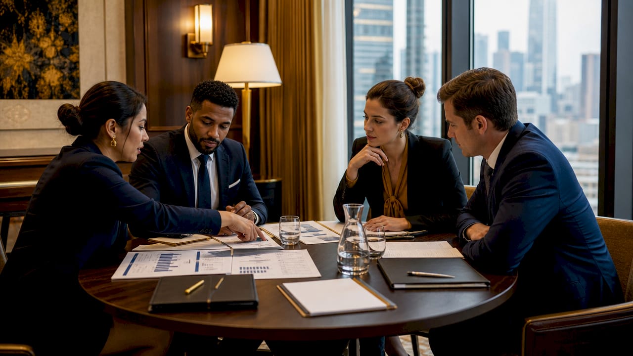 Team discussing institutional loan underwriting